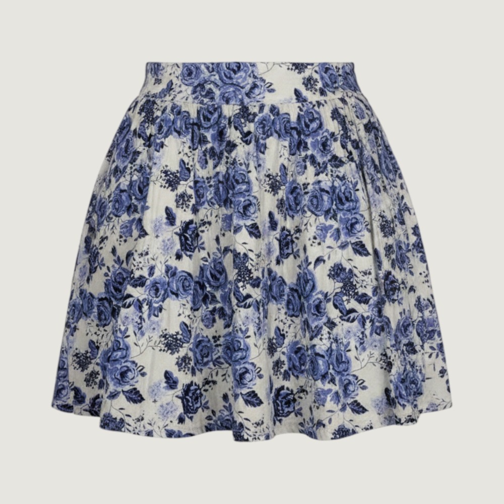 H&M Floral Mini Skirt 8 Med Blue White Pleated Pockets Mini Cottagecore Feminine